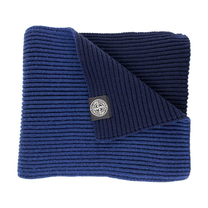 Stone Island Ribbed Wool Patch Logo Scarf Blue V0027