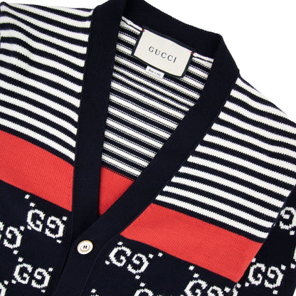 Gucci Gg And Stripe Knit Cardigan Blue/white