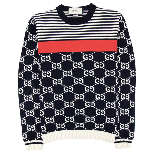 Gucci Gg And Stripe Knit Jumper Blue/white