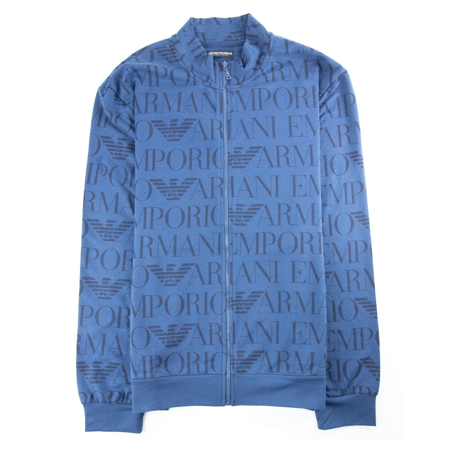 Emporio Armani All Over Logo Print Funnel Neck Blue