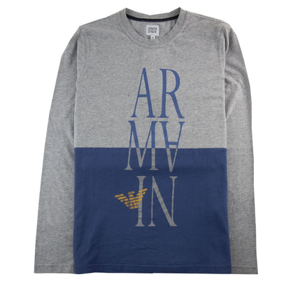 Armani Junior Logo Print L/s T Shirt Grey/Blue