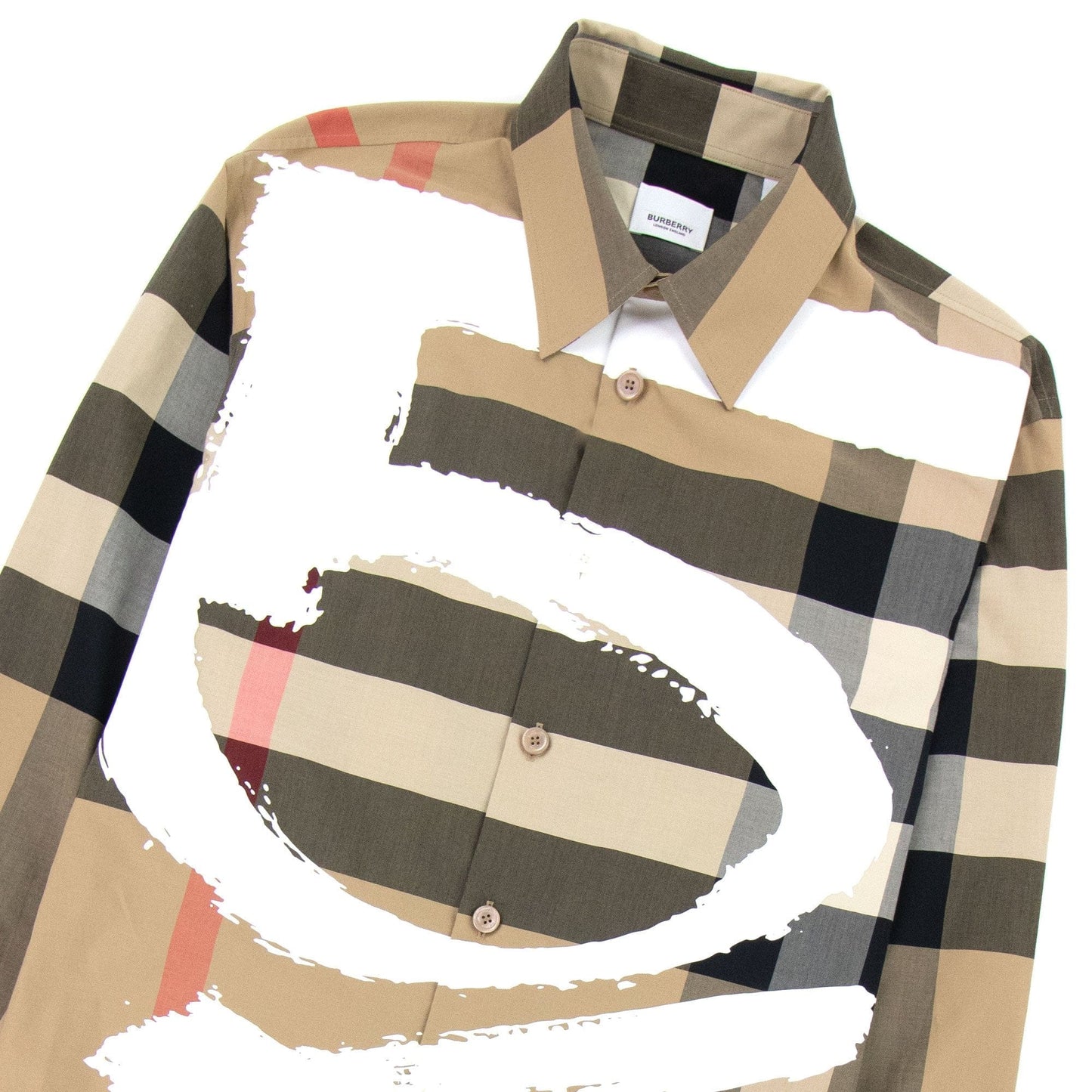 Burberry Love Print Check Stretch Cotton Oversized Shirt Archive Beige
