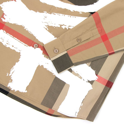 Burberry Love Print Check Stretch Cotton Oversized Shirt Archive Beige