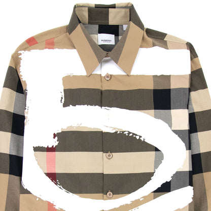 Burberry Love Print Check Stretch Cotton Oversized Shirt Archive Beige