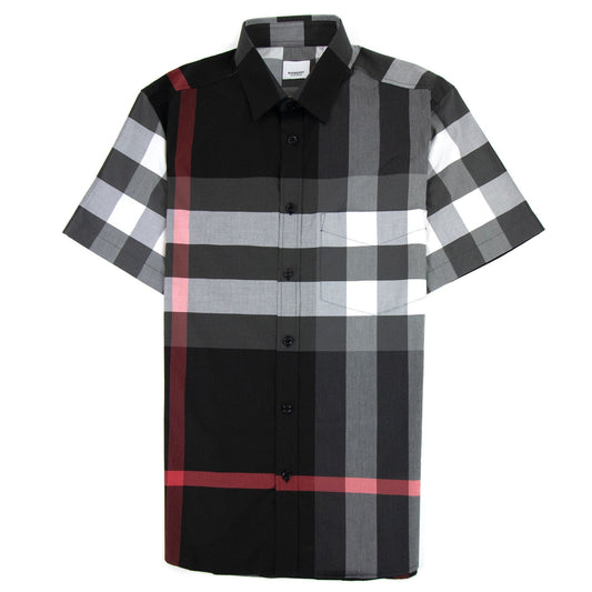 Burberry Short-sleeve Check Stretch Cotton Poplin Shirt Charcoal