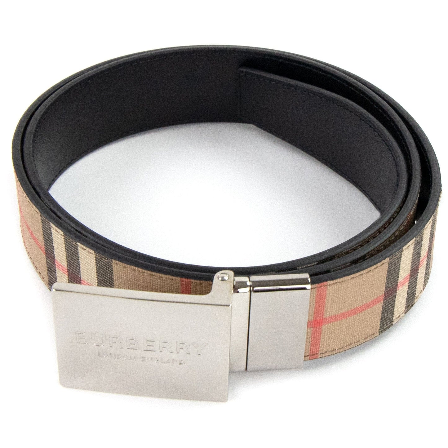 Burberry Reversible Plaque Buckle Vintage Check E-canvas Belt Beige