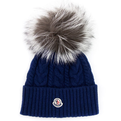 Moncler Cable Knit Pom Pom Beanie Blue