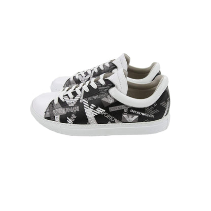 Emporio Armani All Over Print Logo Leather Trainers Bianco/nero