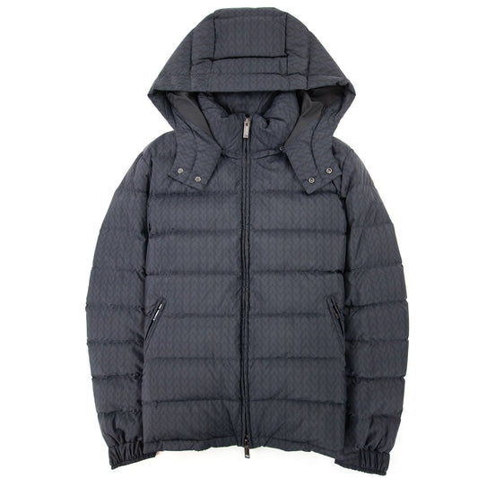 Valentino All Over Optical Valentino Print Hooded Nylon Down Navy