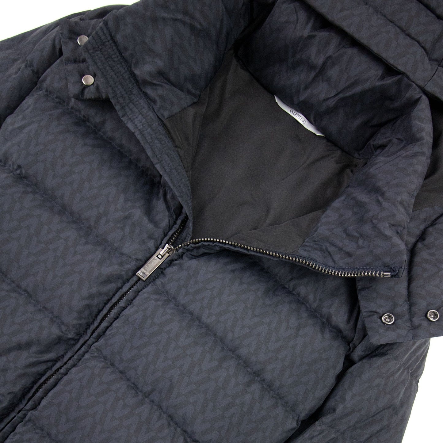 Valentino All Over Optical Valentino Print Hooded Nylon Down Navy