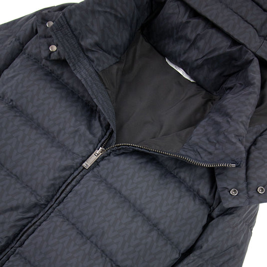 Valentino All Over Optical Valentino Print Hooded Nylon Down Navy