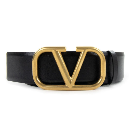 Valentino V Logo Signature Calfskin Belt Black 0no