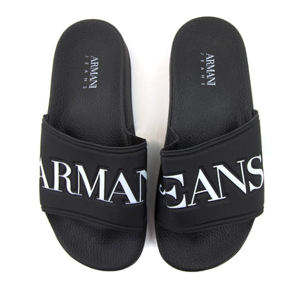 Armani Jeans Logo Leather Sliders Nero