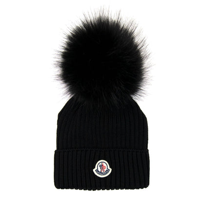 Moncler Junior Berretto Pom Pom Wool Hat Black 999