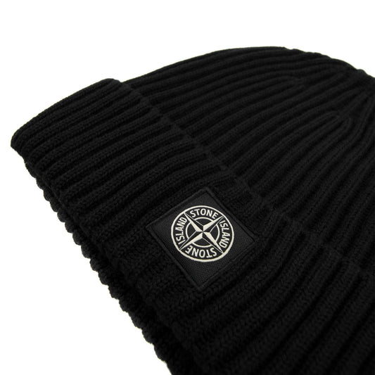 Stone Island Junior N07a5 Logo Knitted Hat Black V0029
