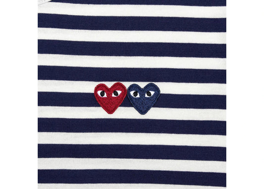 COMME DES GARÇONS PLAY DOUBLE HEART STRIPED LONG SLEEVE NAVY / WHITE