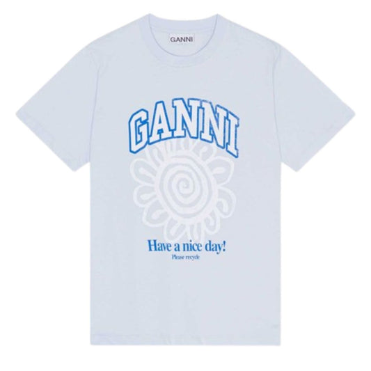 GANNI FLOWER PRINT RELAXED T-SHIRT ICE BLUE