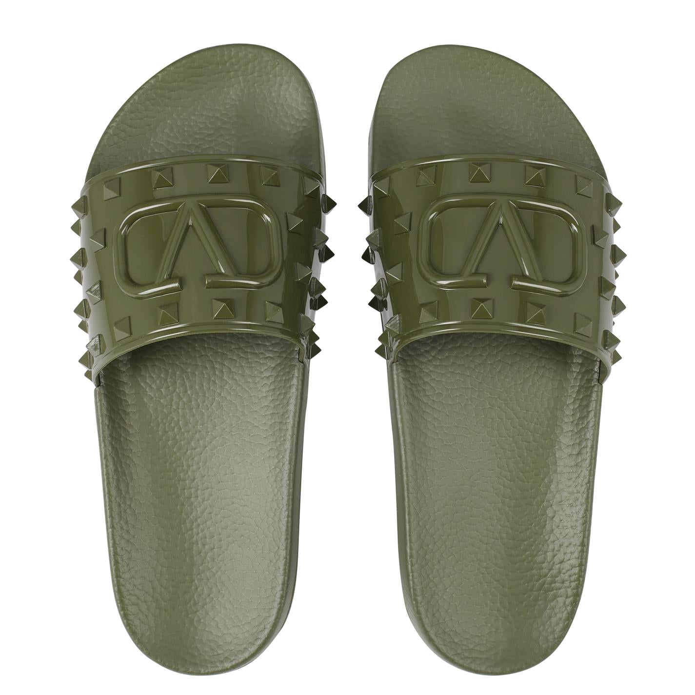 Valentino Khaki Logo Embossed Rubber Sliders