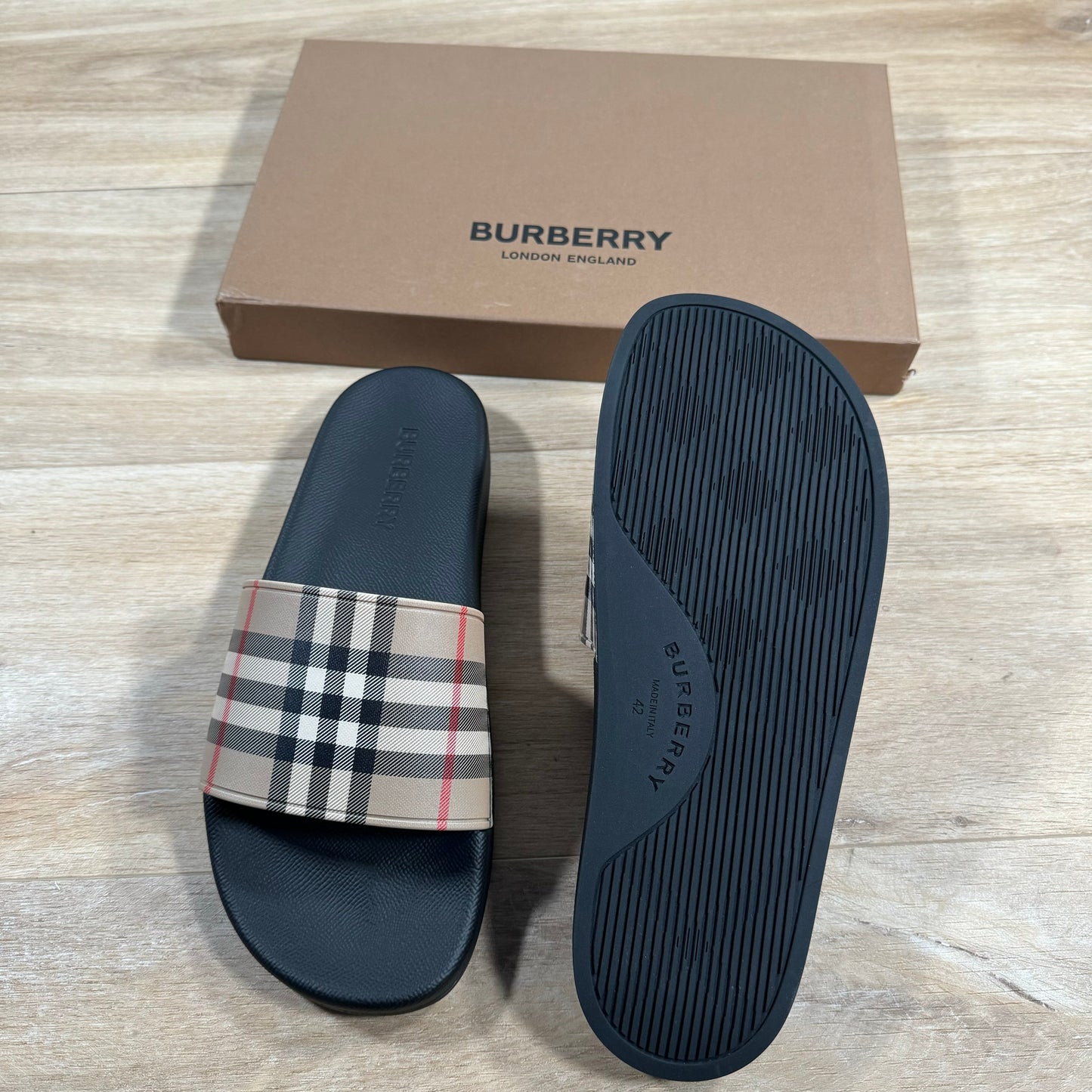 Burberry Furley Check Slides in Archive Beige