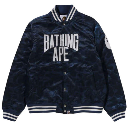 BAPE SOLID CAMO NYC LOGO VARSITY BOMBER NAVY