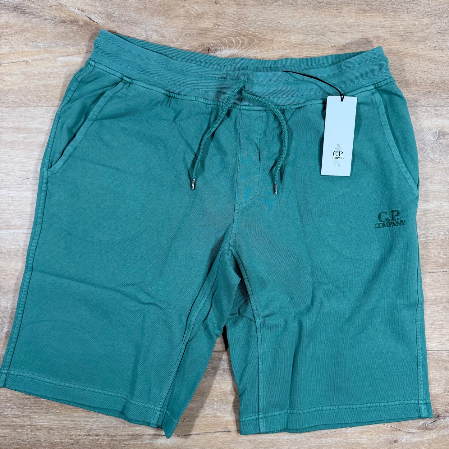 C.P. Company Cotton Fleece Logo Shorts in Frosty Spruce