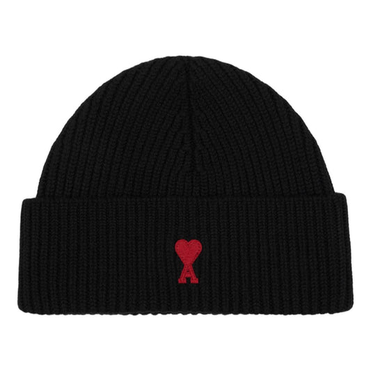 AMI FW25 Contrasted Ami De Coeur Wool Beanie 'Black' BFUHA116-018-009