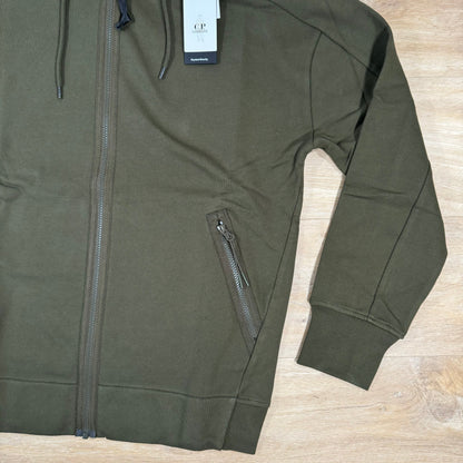 C.P. Company Diagonal Raised Fleece Goggle Hoodie in Ivy Green