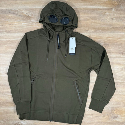 C.P. Company Diagonal Raised Fleece Goggle Hoodie in Ivy Green