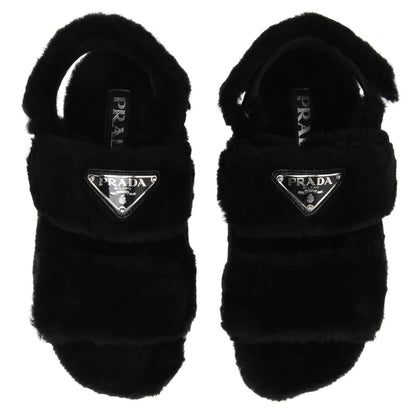Womens Prada Black Shearling Logo Sandals