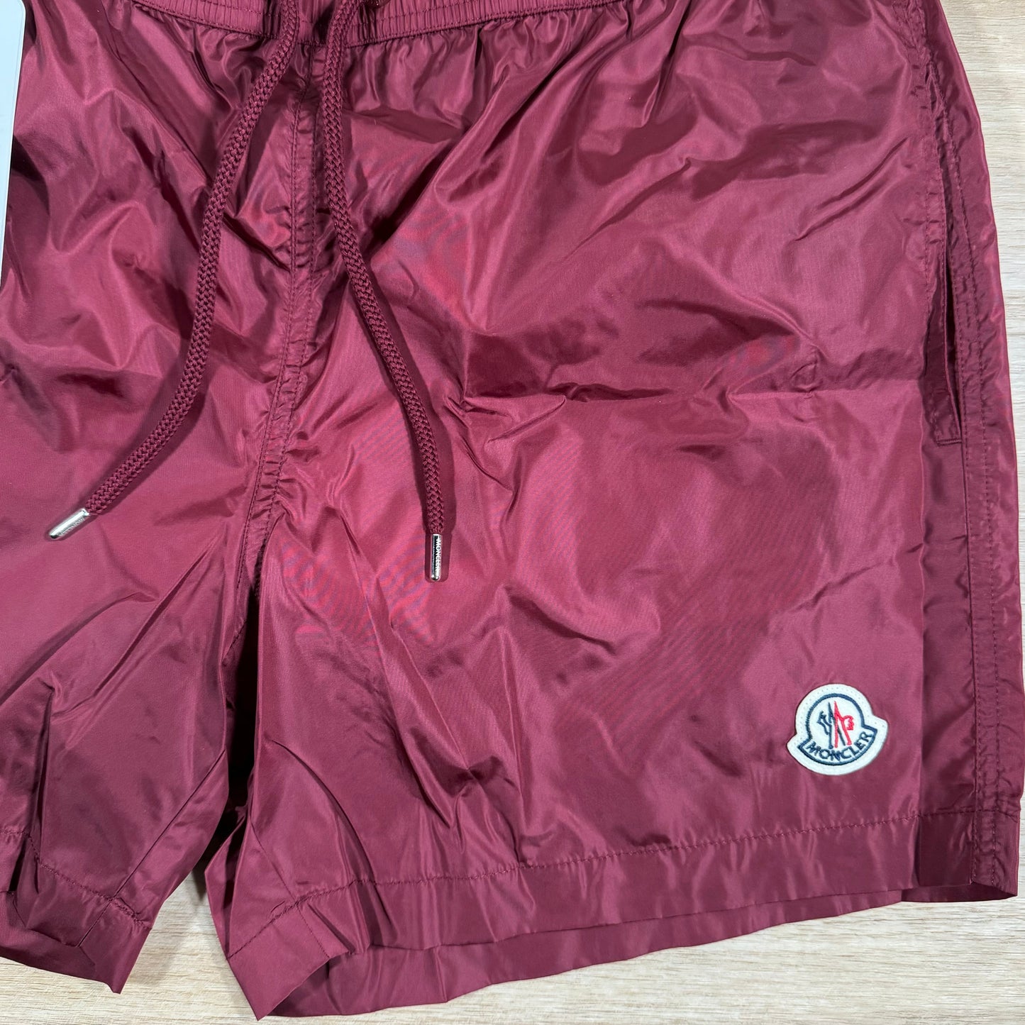 Moncler Logo Patch Swim Shorts in Burgundy
