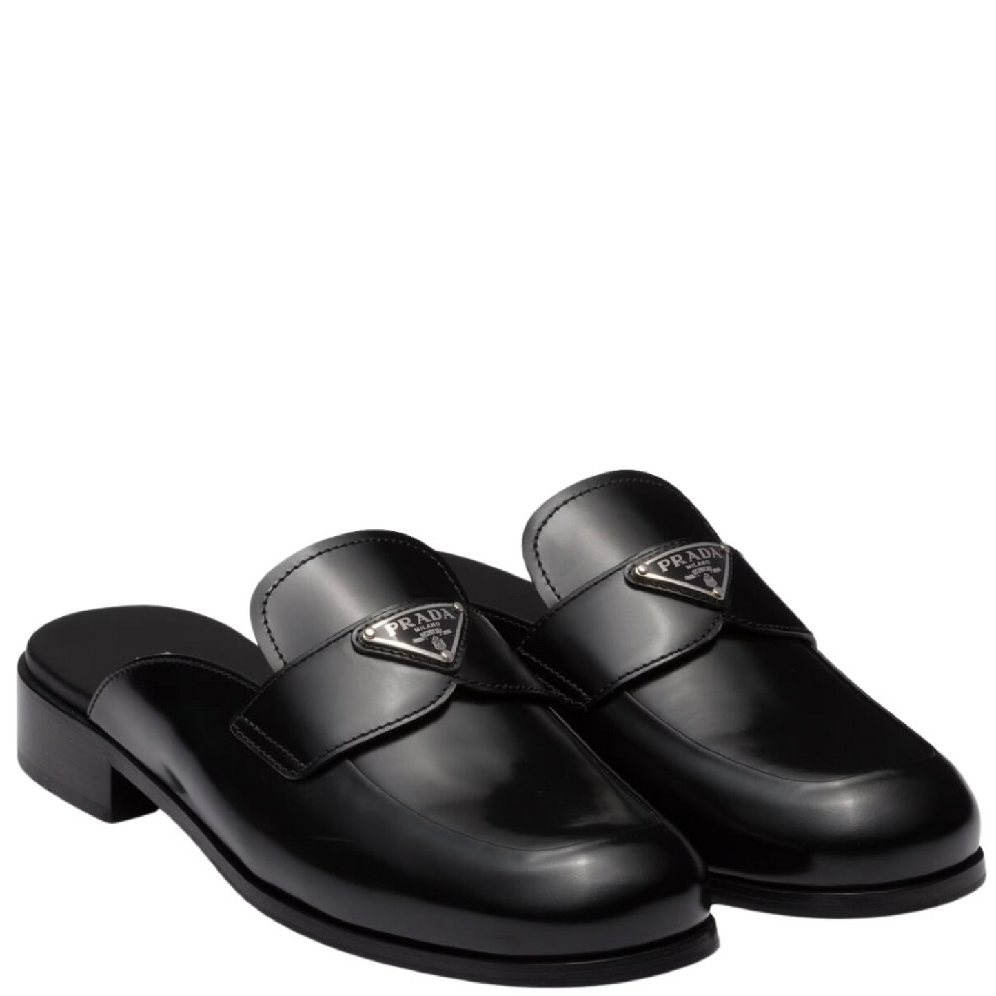 Womens Prada Triangle Logo Leather Mules