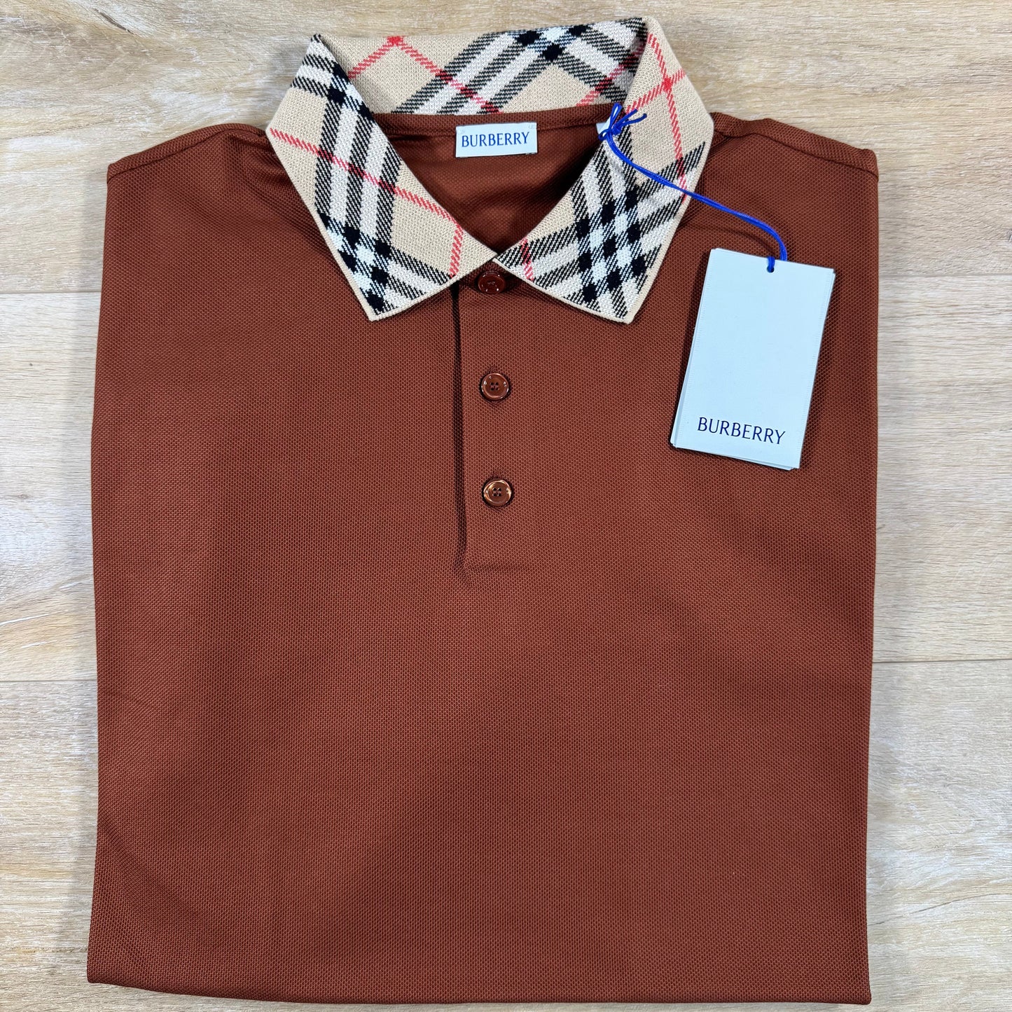 Burberry Cody Check Collar Polo Shirt in Ginger Brown