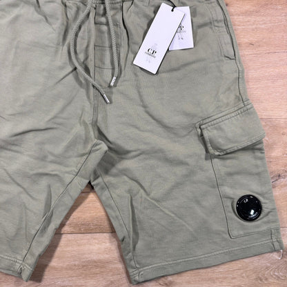 C.P. Company Light Fleece Cargo Lens Shorts in Moss Gray - Green