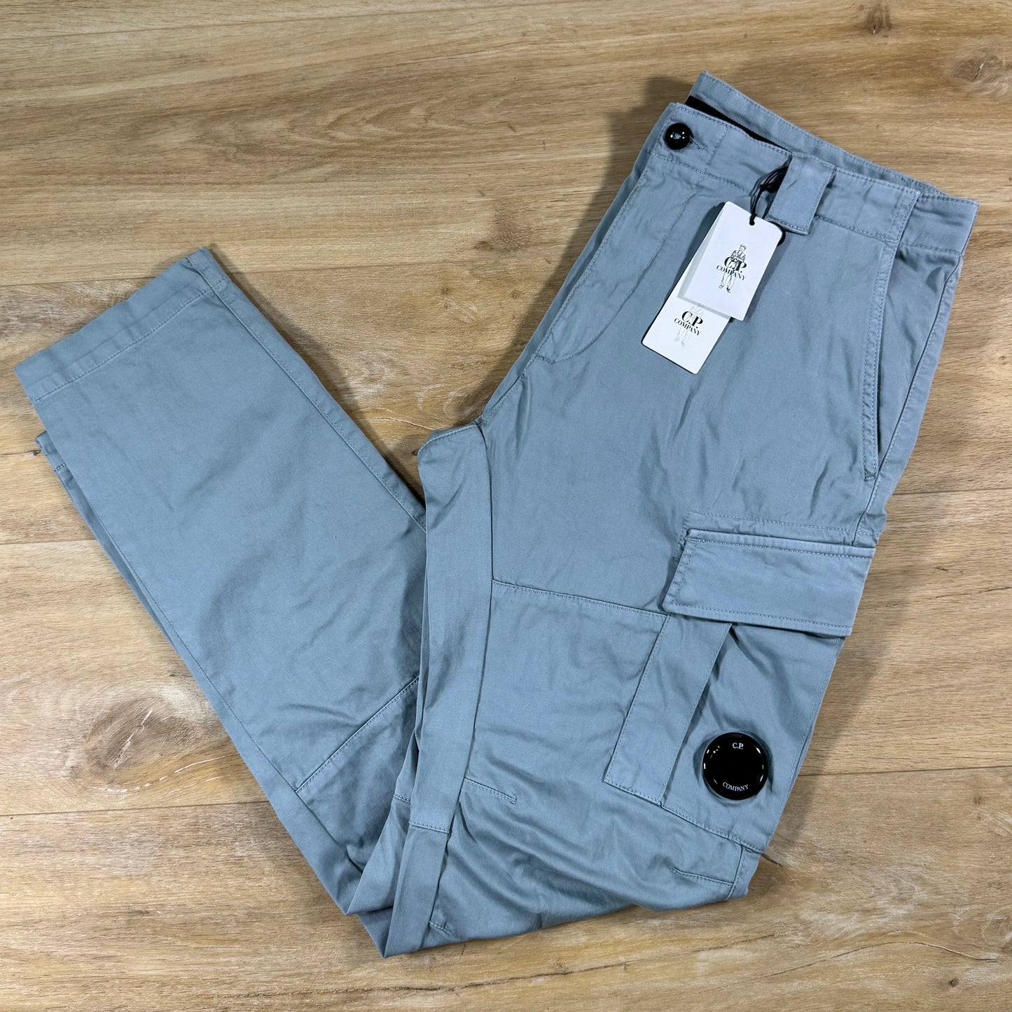 C.P. Company Stretch Sateen Ergonomic Lens Cargo Pants in Silver Blue