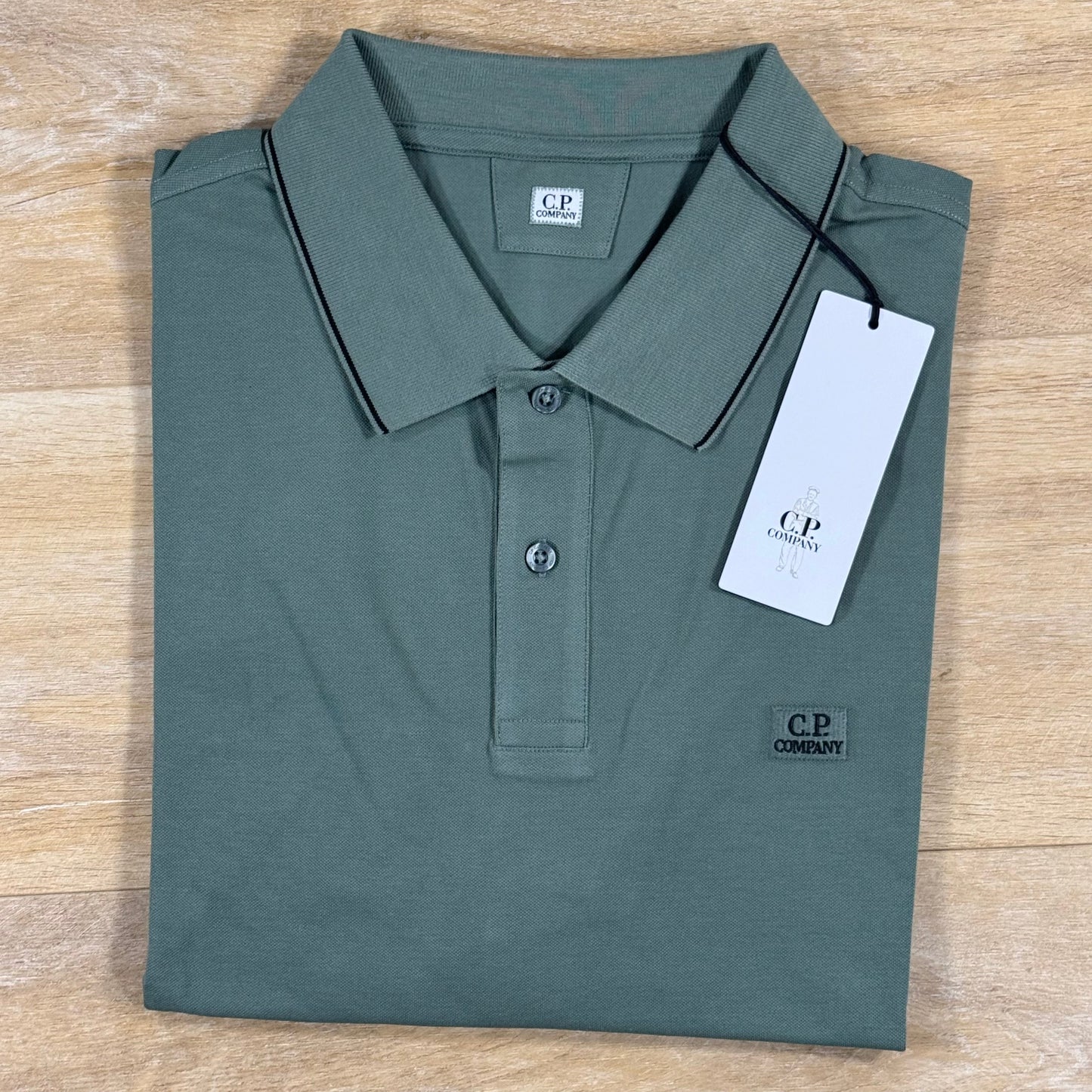 C.P. Company Stretch Piquet Striped Collar Polo Shirt in Laurel Wreath
