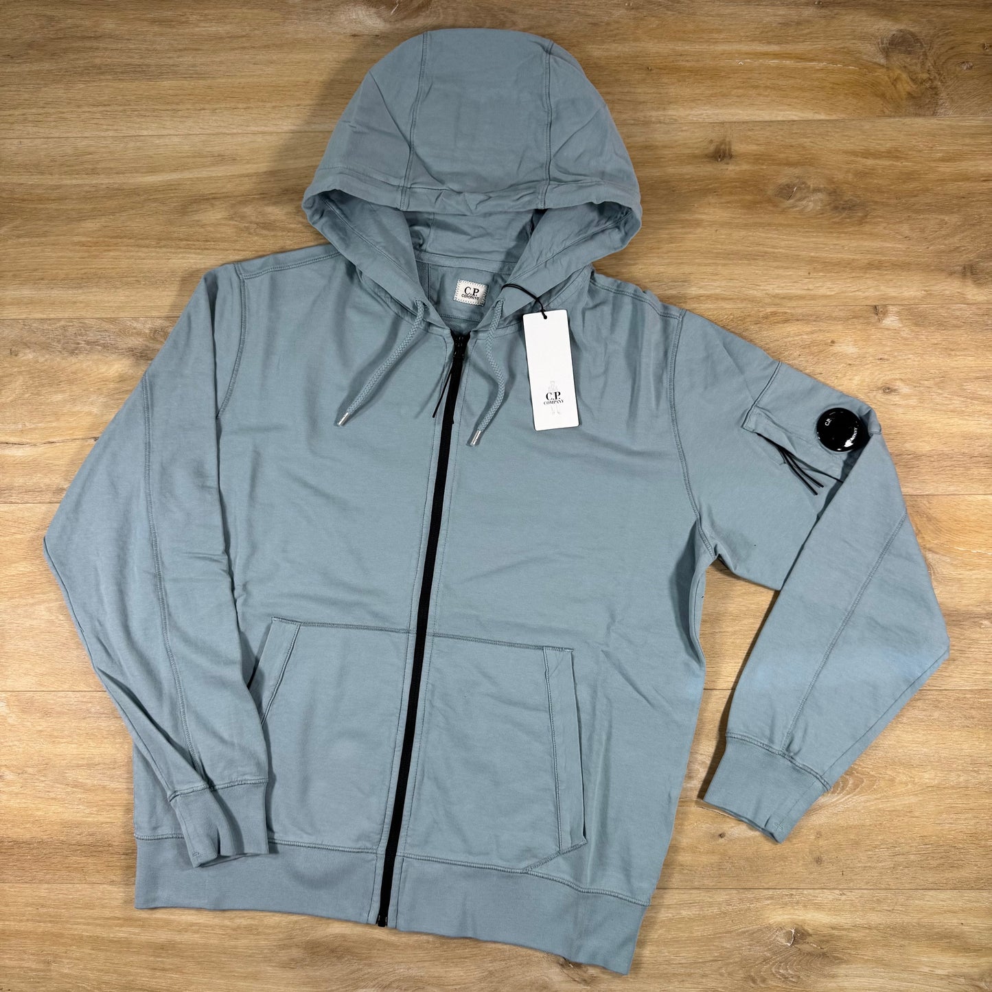 C.P. Company Light Fleece Zip Lens Hoodie in Silver Blue