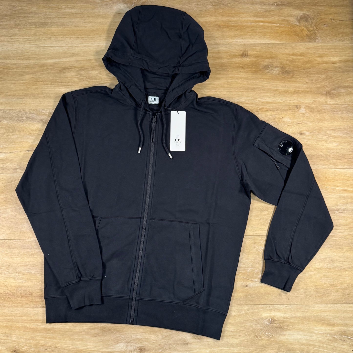 C.P. Company Light Fleece Zip Lens Hoodie in Black