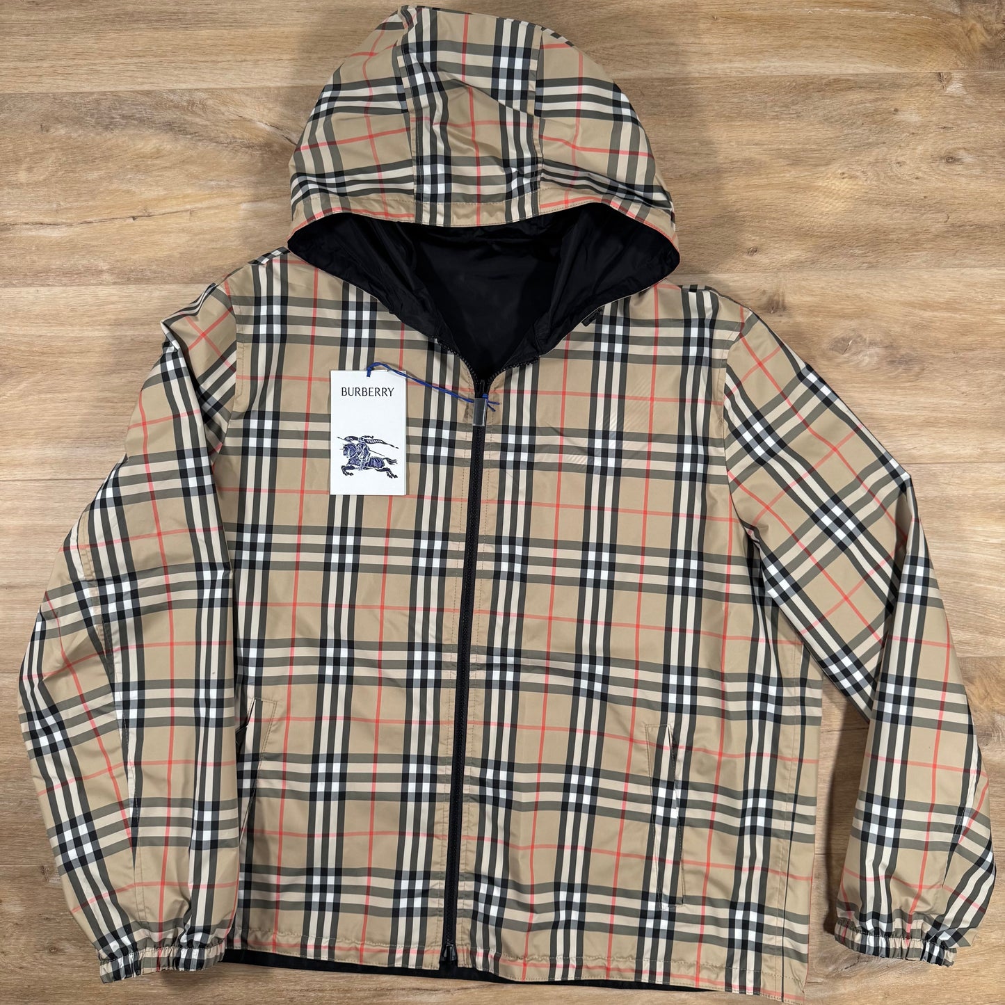 Burberry Reversible Check Hooded Jacket in Sand