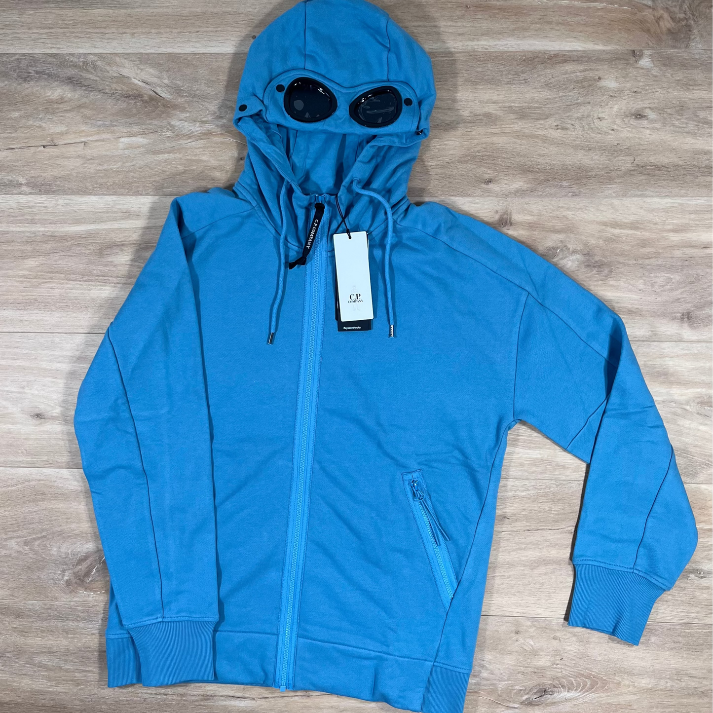C.P. Company Diagonal Raised Fleece Goggle Hoodie in Aegean Blue