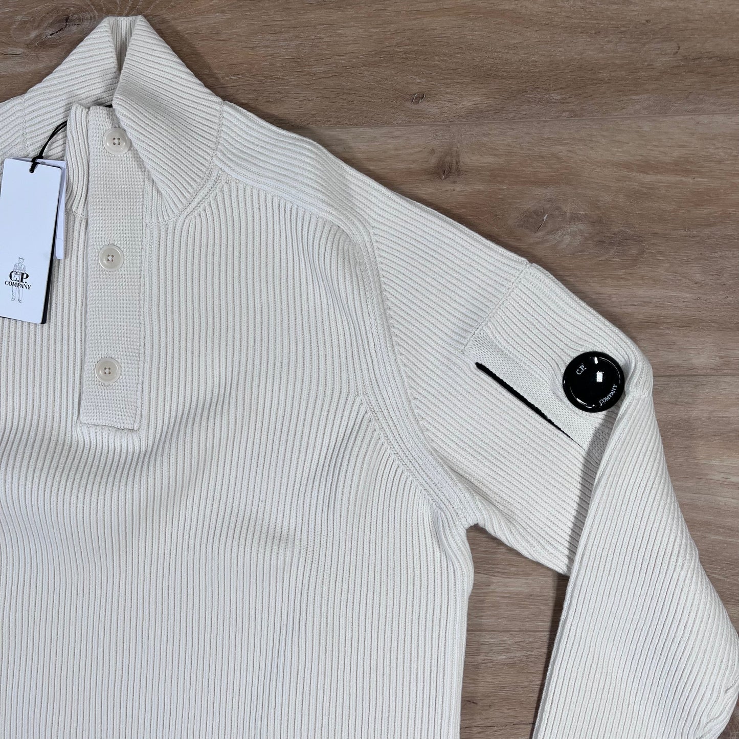 C.P. Company Full Rib Half-Button Lens Sweater in White