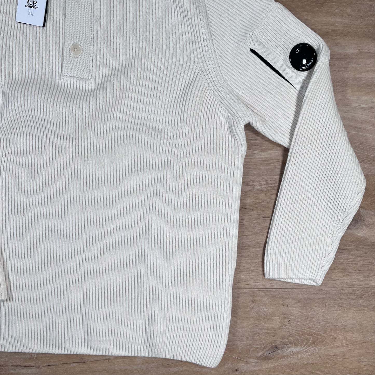 C.P. Company Full Rib Half-Button Lens Sweater in White