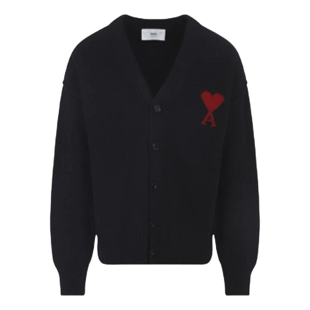 AMI Big Heart Logo Felt Merino Wool Cardigan 'Black Red' UKC367-018-009
