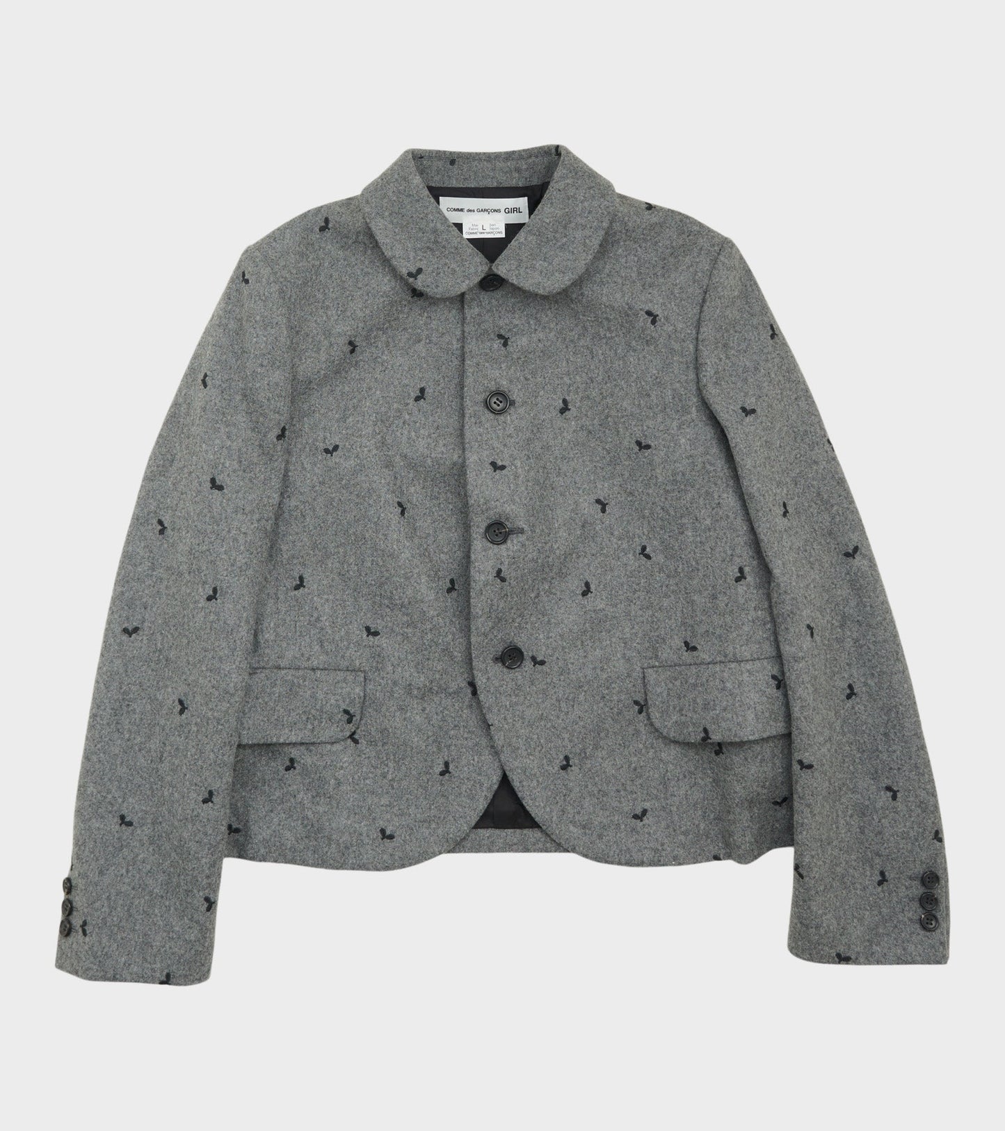 Embroidered Round Collar Jacket Grey