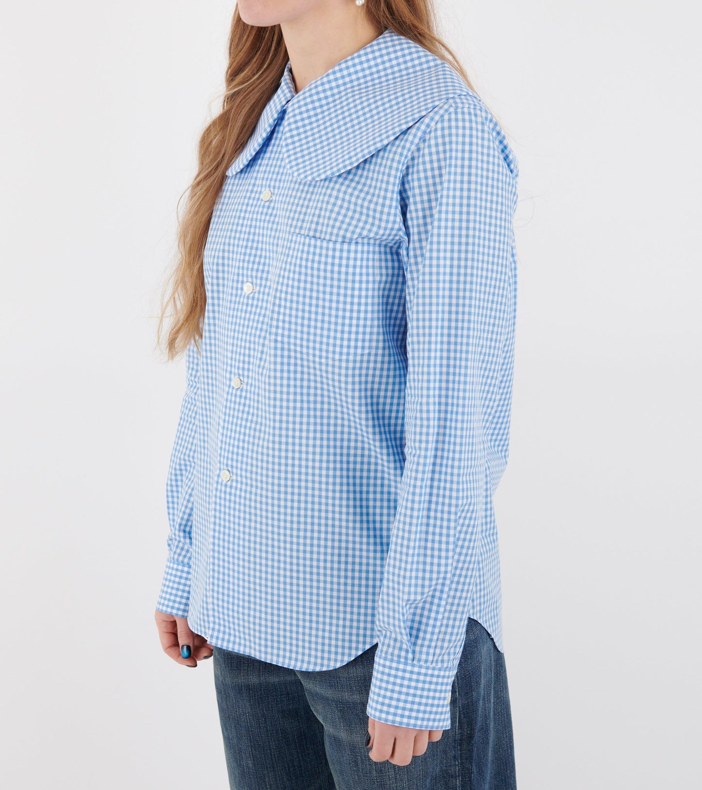 Big Round Collar Check Shirt Light Blue/White