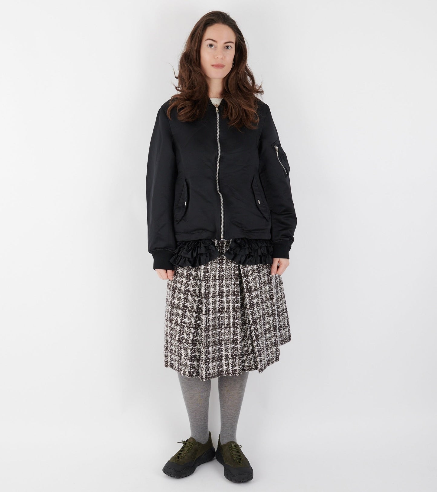 Bouclé Wool Full Length Pleated Skirt Burgundy Checkered