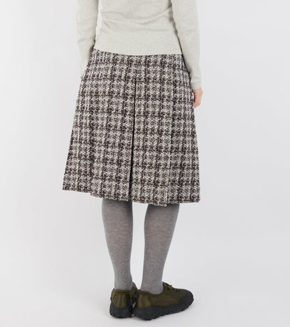 Bouclé Wool Full Length Pleated Skirt Burgundy Checkered