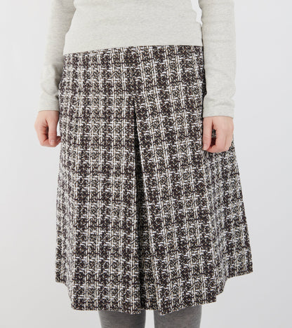 Bouclé Wool Full Length Pleated Skirt Burgundy Checkered
