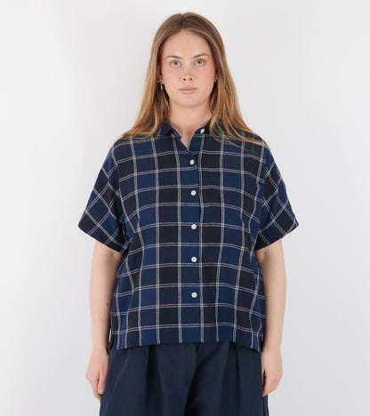 Market Check Cotton Linen Shirt Denim Blue