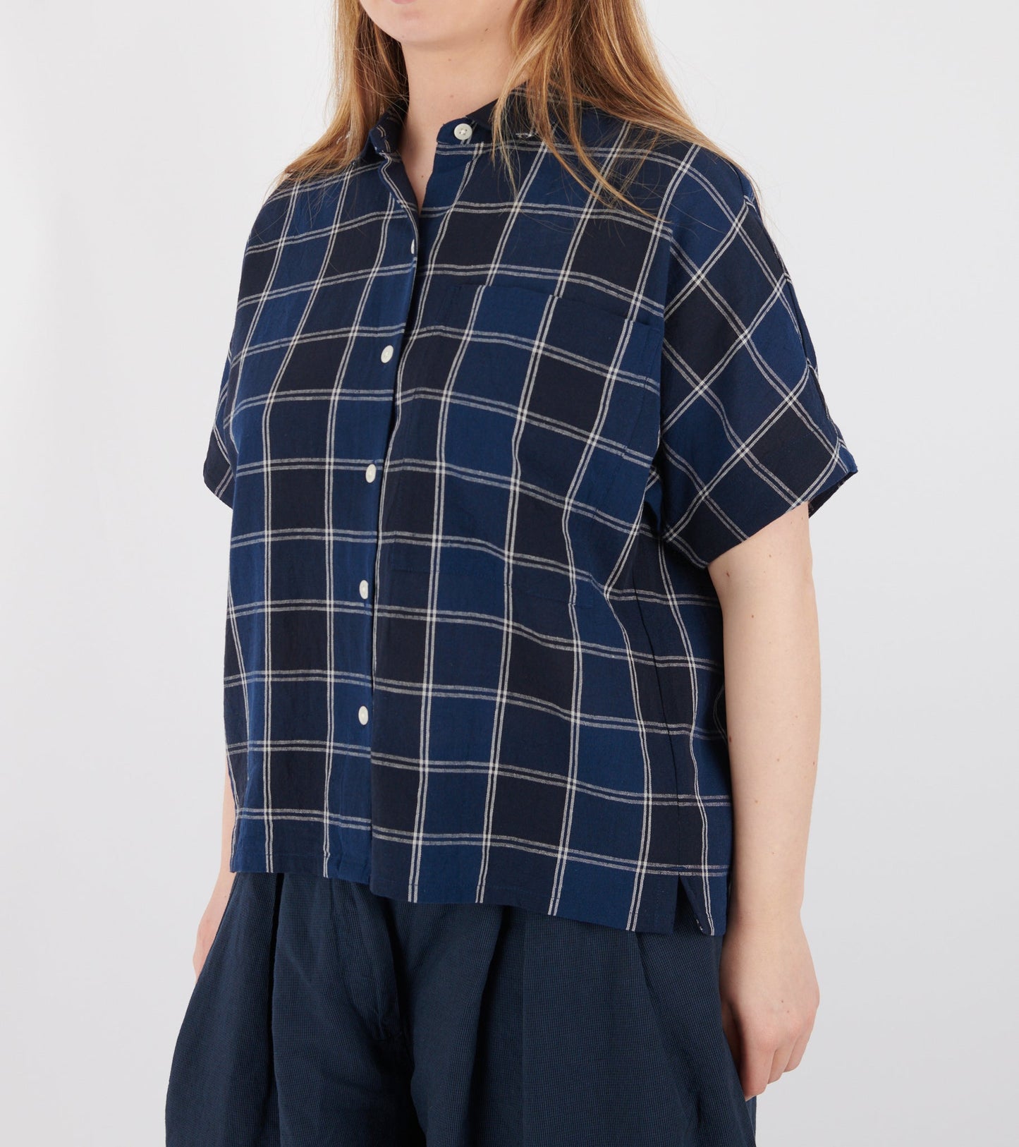 Market Check Cotton Linen Shirt Denim Blue