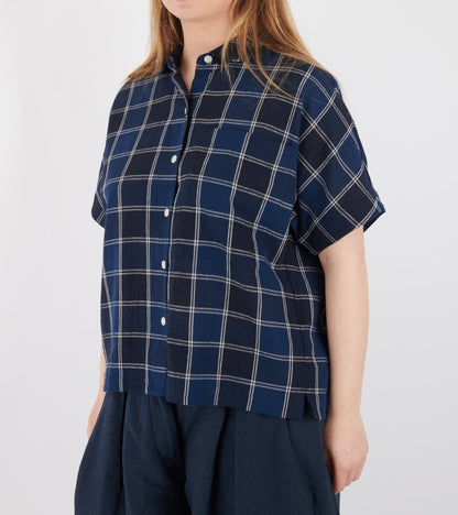 Market Check Cotton Linen Shirt Denim Blue